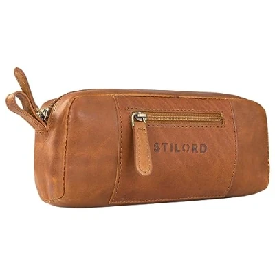 Image of STILORD &#039;Ted&#039; Leather Pouch Small Vintage Aesthetic Pencil Case Soft Glasses Make Up Bag Coin Purse Key Wallet Travel Accessory in Genuine Leather, Colour:Cognac Brown