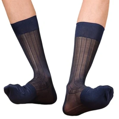 Image of Watreketal Socks,Elegant Men Business Middle Calf Nylon Dress Socks Sheer Thin Ribs Striped See Through Silk Suit for Formal Outfit