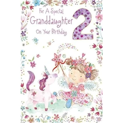 Image of Paper Rose Special Granddaughter 2nd Birthday Card Age 2 Fairy Girl and Unicorn with Foil Details Eco Friendly Recyclable
