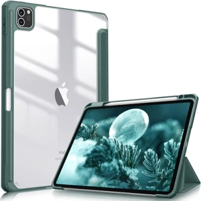 Image of FINTIE Hybrid Case Compatible with iPad Pro 11 Inch (2022/2021/2020/2018, 4th/3rd/2nd/1st Generation) Ultra Slim Shockproof Clear Cover w/Pencil Holder, Auto Wake/Sleep, Midnight Green