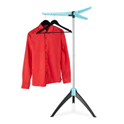 Image of Relaxdays Ironing Tidy Stand Foldable, 3 Arms, for Hangers, Laundry Tripod Rack, HxD: 128 x 56.5 cm, Silver/Turquoise, cm
