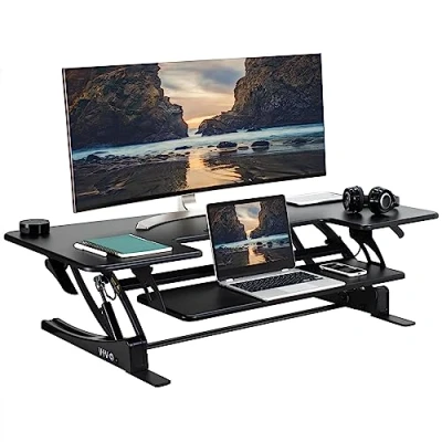 Image of VIVO 122cm Height Adjustable Large Stand Up DESK Converter, V Series, Quick Sit to Tabletop Dual Monitor Riser Workstation, Black, V048V