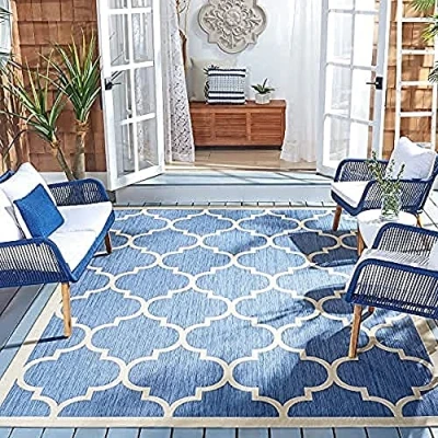 Image of SAFAVIEH Trellis Rug for Indoor &amp; Outdoor Courtyard Collection, Short Pile, in Blue and Beige color, 201 X 290 cm