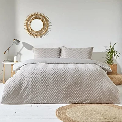 Image of The Linen Yard Chevron Tuft Single Duvet Cover Set, Cotton, Stone
