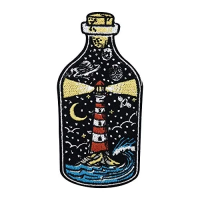 Image of Lighthouse in a Bottle Iron on Patch Sea Patch, Moon Patches, Stars Embroidery Wave ironable Planets Badges Finally Home