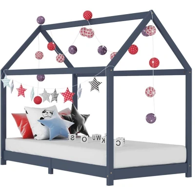 Image of vidaXL Kids Bed Frame in Grey Solid Pine Wood Construction with Tree House Design, Playhouse and Reading Nook, Suiting 90 x 200 cm Mattress
