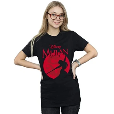 Image of Disney Women&#039;s Mulan Dragon Silhouette Boyfriend Fit T Shirt Black Large