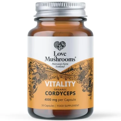 Image of Love Mushrooms Cordyceps Capsules, 15000mg, 30 Mushroom Supplement to Support Energy, Endurance &amp; Natural Passion, Vegan, Made in The UK