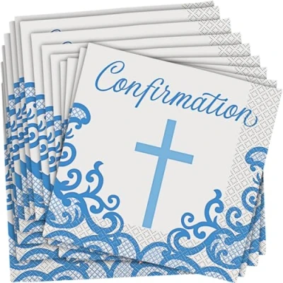 Image of Fancy Blue Cross Confirmation Luncheon Napkins (16cm) Elegant &amp; Stunning Design Perfect for Religious Celebrations Events 16ct