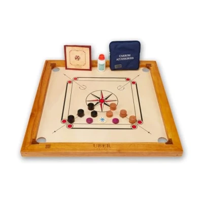 Image of Uber Games Junior Carrom board Set, Carry Bag &amp; Stand 27 x inch playing Including Men, Striker Powder Entry Level set Made in India suitable for young beginners