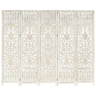 Image of vidaXL Hand Carved Solid Mango Wood 5 Panel Room Divider, White Wash Finish, Decorative Privacy Screen, 200cm