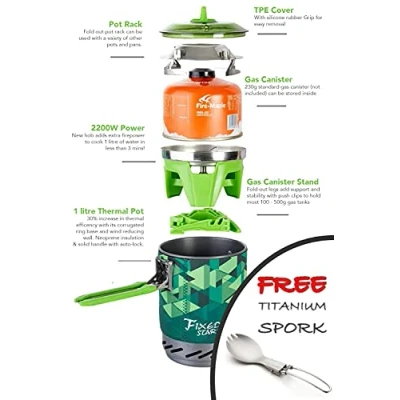 Image of Fire Maple 2022 Version FMS X2 Ultralight Compact Windproof Cooking Jet Boiler Stove Titanium Spork Piezo Ignition Support &amp; Stand (Green 2200W)