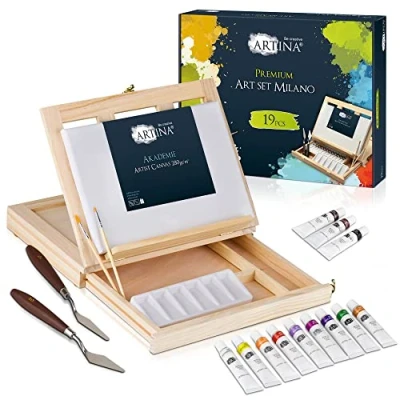 Image of Artist 19pcs Acrylic Painting Set Milano Easel Art with Canvas Wooden Box Table Top &amp; Supplies Portable Case for Beginners Adults