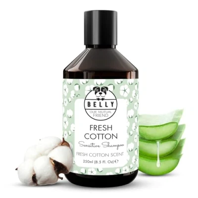 Image of Belly Fresh Cotton Scented Dog Shampoo Hydrating &amp; Soothing Foam, Organic with Aloe Vera Vitamin B5, 250ml, Perfect for Dry Irritated Skin, Sensitive Shampoo, Made in Germany