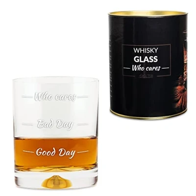 Image of Froster Whisky Glass Who Cares, with 3 Levels of Mood, 300ml Whiskey Tumbler 10.6 oz, Gift for Men