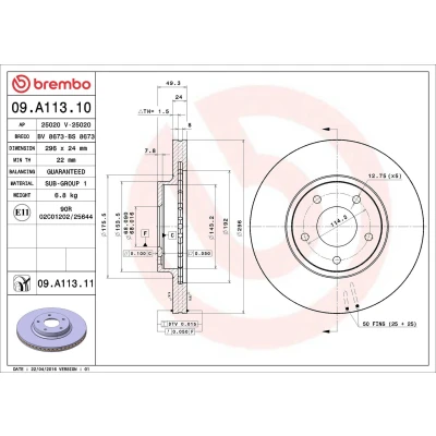 Image of 40206AL500, 40206AL501 Brake DISC BREMBO Coated LINE 09.A113.11 296mm 24mm 5 internally vented NISSAN: Maxima V QX Saloon