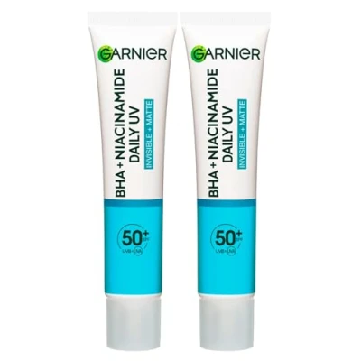 Image of Garnier PureActive Anti Imperfections UV Daily Mattifying Facial Fluid with BHA and Niacinamide SPF 50+ Very High Protection 2 Bottles of 40ml
