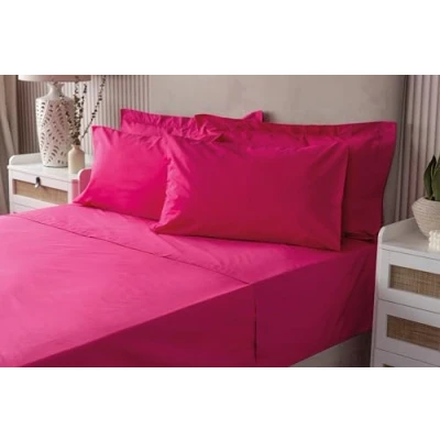 Image of Belledorm Pink Fitted Sheet + Housewife Pillowcase Bundle Set, 200 Thread Count Percale, Mattress Depth 28cm (King Size, Fuchsia)