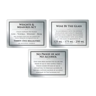 Image of Weights &amp; Measures Act 35ml Sign Wine by the Glass 125ml 175ml 250ml Pack of 3 Signs