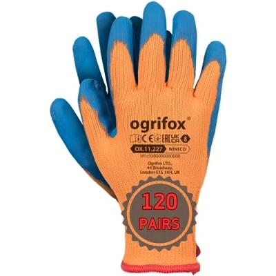 Image of Ogrifox OX WINECO Latex Gloves, Protective Work Gardening Gloves OX.11.227, Orange Blue, Size 10, 120 pairs