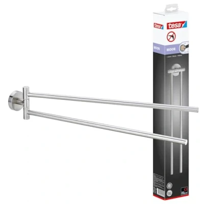 Image of tesa MOON Swing Arm Towel Bar No Drill Two Armed Rail Chromed Metal and Stainless for the Bathroom with Swivelling Arms Includes Removable Glue Solution