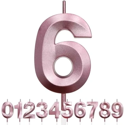 Image of Number 6 Birthday Candles, 3D Design Rose Gold Glitter Happy Cake Topper Decorations, Candle for Party, Wedding Anniversary 1pc (Pink Gold)