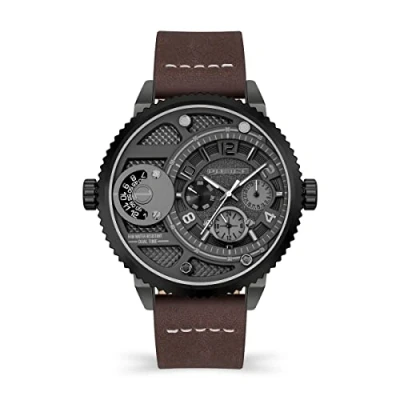 Image of Police Ray Mens Multifunction Watch with Gunmetal Grey Dial and Brown Leather Strap, 51mm Stainless Steel Case in Branded Box PEWJF2195242 2 Year Warranty