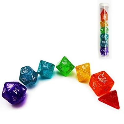 Image of Bescon Unicorns Rainbow Sparkled Polyhedral D&amp;D Dice Set of 7, Colorful RPG Role Playing Game 7pcs