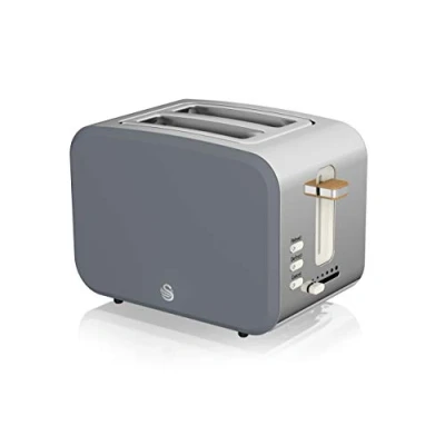 Image of Swan Nordic Wide Slotted Toaster 2 Slice 3 Function 6 Levels Modern Design Stainless Steel Wood Effect Handle Slate Grey