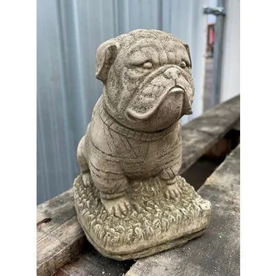 Image of British Bulldog Stone Statue Puppy Dog Union Jack Flag Garden Ornament Decor