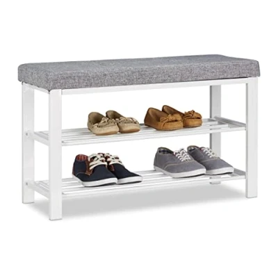 Image of Relaxdays Shoe Storage Bench, Fabric Cover, Comfortable Seat Pad, 2 Tiers for Shoes, Metal, HWD: 50x81x32 cm, Grey