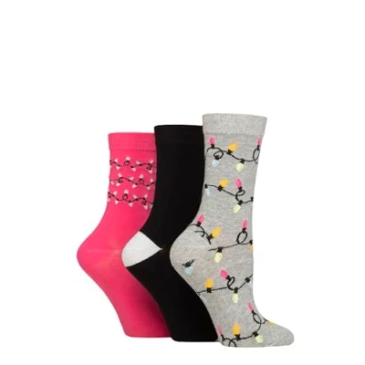 Image of Women&#039;s 3 Pair SOCKSHOP Wildfeet Cotton Christmas Gift Socks Lights 4 8