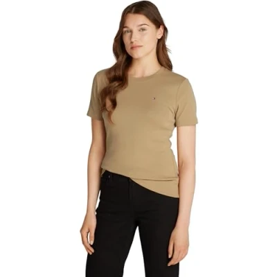 Image of Tommy Hilfiger Women&#039;s New Slim Cody C NK SS WW0WW40587 S/S Knit Tops, Khaki, XL