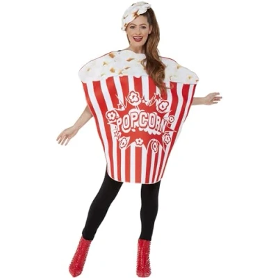 Image of Smiffys Popcorn Costume, Red &amp; White All In One Hat, Funny Fancy Dress, Food/Drink Dress Up Costumes