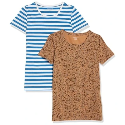Image of Amazon Essentials Women&#039;s Classic Fit Short Sleeve Crewneck T Shirt, Pack of 2, Blue Stripes/Camel Animal, M