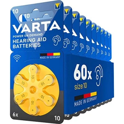 Image of Varta Power on Demand Hörgerätebatterien Typ 10 gelb, Batterien 60 Stück Vorratspack, wireless approved, Größe p10 für Hörgeräte und Hörhilfen, high hearing level, quecksilberfrei, Made in Germany