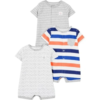 Image of Simple Joys by Carter&#039;s Baby Boys&#039; 3 Pack Snap up Rompers, Mini Stripes/Stripes/Whale, 0 Months (Pack of 3)