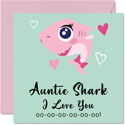 Image of Birthday Cards for Auntie Shark Aunty Card from Niece or Nephew, Happy Aunt Toddler Baby Gift, 145mm x Seasonal Funny Greeting Gifts