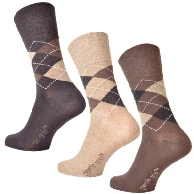 Image of Mens socks, Soft cuff, 3 Pairs of Brown Argyle pattern 6 11 UK, 39 45 EU, Light Hold honeycomb top, ideal elastic free Diabetic Socks