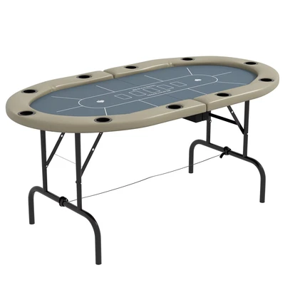 Image of SPORTNOW 10 Player Folding Poker Table, Oval Portable Blackjack Casino Table with Cup Holders, Cushioning Edge, Brown and Blue