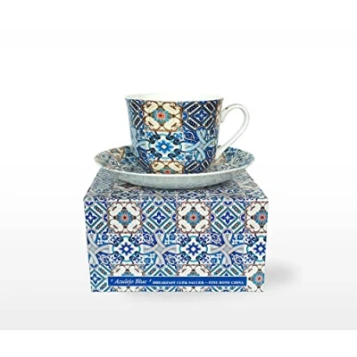 Image of heritage Bone China Breakfast Cup/Saucer Blue AZULEJO Gift Boxed Postage Free UK