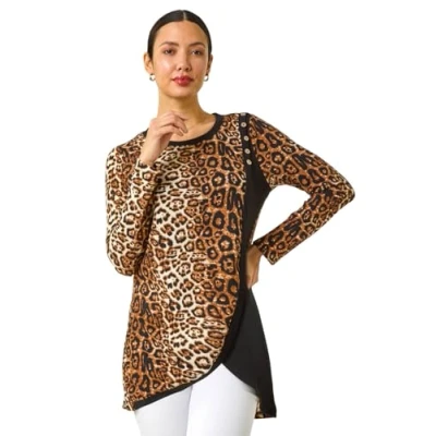 Image of Roman Originals Animal Print Button Detail Top for Women UK Ladies Everyday Autumn Winter Round Neckline Comfy Soft Evening Vacation Work Party Night Out Natural Size 12
