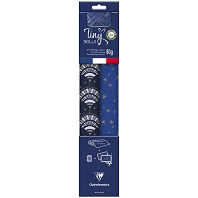 Image of Clairefontaine Ref 223892C Tiny Rolls Gift Wrap Set 2 x (80gsm, 35cm 5m), 10 Tags (Rectangular &amp; Round), 20m Ribbon Gold Blue Patterns