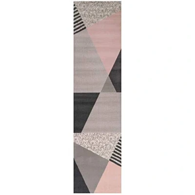 Image of Blush Pink Modern Bold Geometric Rug Grey Living Room Area Bedroom Floor Rugs Runner 60cm x 240cm