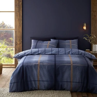 Image of Catherine Lansfield Brushed Cotton Melrose Tweed Check Reversible Double Duvet Cover Set with Pillowcases Blue