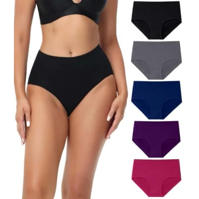 Image of wirarpa Underwear Women Mid High Waist Knickers Comfortable Ladies Cotton Pants Full Briefs 5 Pack Black Grey Navy Purple Red Size 3X Large