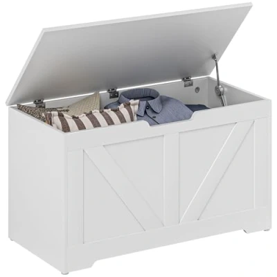 Image of HOMCOM Storage Chest, Trunk with 2 Safety Hinges and U shaped Cut out Pull, Wooden Toy Box for Living Room, Entryway, 80 x 40 45 cm, White Wood Grain