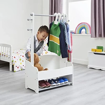 Image of Liberty House Toys Kids Hanging Rail with Extra Storage, Clothes Rail, Wooden Toddler, Dress Up White and Grey