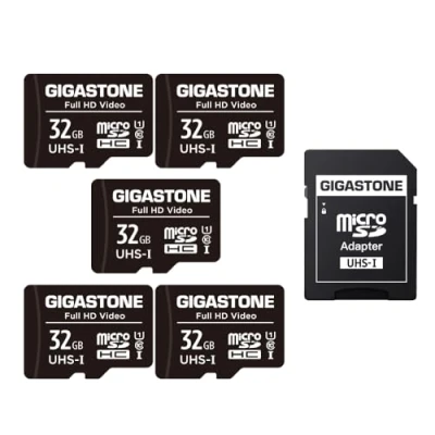 Image of Gigastone 32GB Memory Card Pack of 5 Cards, High Read Speed up to 90MB/s. Ideal for Full HD Video Drone Camera, U1 C10 Micro SDHC UHS I with 2 Mini Cases and 1 SD Adapter.
