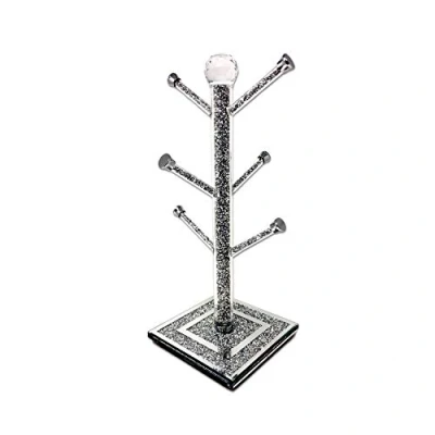 Image of Amazing Gift Crushed Diamond Kitchen Mug Tree Cup Holder with Silver Trimmings, Glass Sparkle Ornament Bling Gift, Eye Catching Elegant Look for Home and Decorations